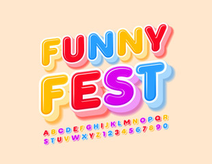 Vector Colorful Emblem Funny Fest. Bright 3D Font. Creative Alphabet Letters and Numbers.