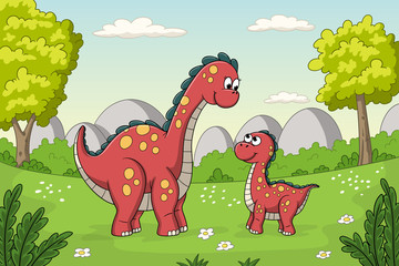 Cute cartoon dinos with landscape. Hand draw vector illustration with separate layers.