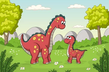 Wall murals Childrens room Cute cartoon dinos with landscape. Hand draw vector illustration with separate layers.