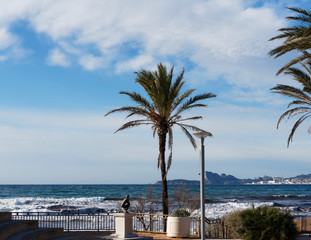 View on Mediterranean sea, bay of Les Lecques, waterfront landscape of La Ciotat with eagle's beak from La Madrague in Saint-Cyr-sur-Mer in French Riviera