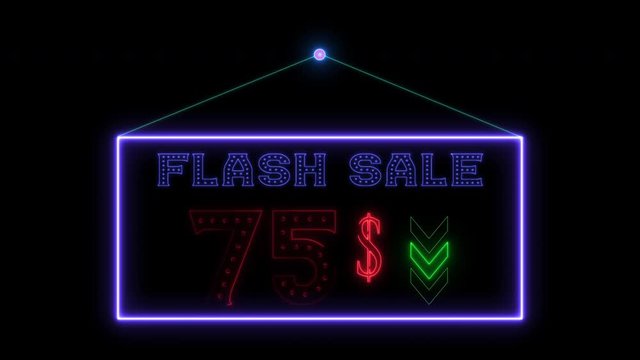 75$ dollar sale off shopping neon sign fluorescent light glowing banner background. Text 75 $ sale off, flash sale by neon lights signboard at night. The best stock neon flickering, blinking color