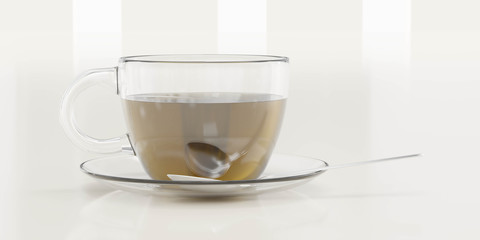 glass cup of black tea and spoon on plate, isolated on blue background 3d render illustration