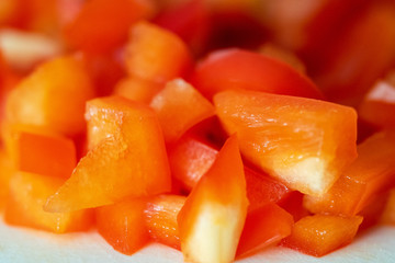 Finely chopped red capsicum pepper close up with selective focus on 2nd January 2020