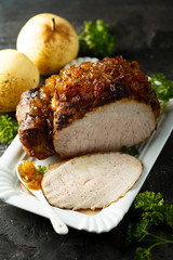Homemade glazed ham with pear sauce