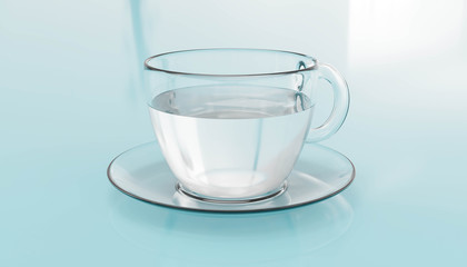 glas mug filled with liquid water on plate with cyan background 3d render illustration