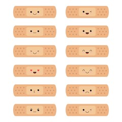 kawaii band aid emotion set white funny face with eyes and pink cheeks on white background.