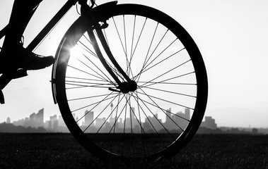 Black and white photo of a bicycle at sunset, Sydney Australia
