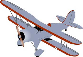 Single plane biplane in gray and red colors with a wooden propeller on a white background. © Vectorina