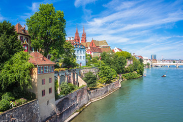 Old Town of Basel with red stone Munster cathedral and the Rhine river, Switzerland. - obrazy, fototapety, plakaty