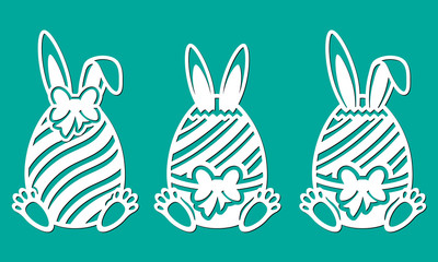 Set of Happy Easter eggs with bow, line, ears and paws of rabbit. Laser cutting template. Vector sample elements. Silhouette illustration for cut isolated on green spring background.