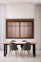 Modern empty wooden table in room interior