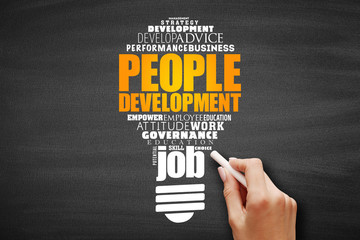 People Development light bulb word cloud collage, business concept background