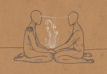 Esoteric and magic illustration of two persons in graphics. Soul and body splitting. Figure black pen isolated background