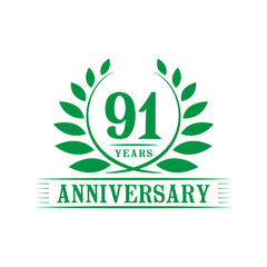 91 years logo design template. Ninety first anniversary vector and illustration.