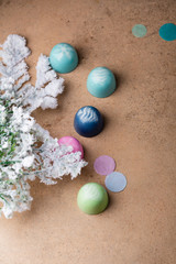 Fototapeta na wymiar Luxury chocolate candy set on stone background and christmas branch