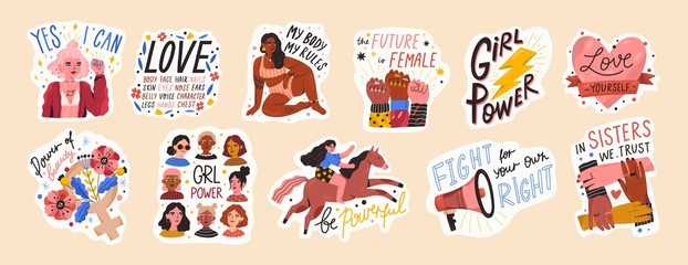 Feministische en lichaamspositieve vectorstickers instellen. Vrouwelijke bewegingen cartoon badges met inspirerende citaten. Vrouwen empowerment, zelfacceptatie en gendergelijkheid trendy beletteringspakket.