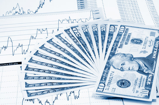 Dollars with graphics and diagrams. In trendy classic blue colors