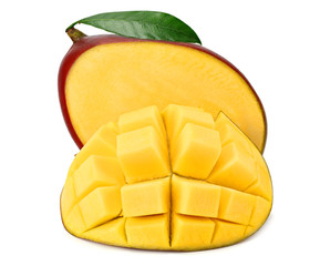 mango with slices and green leaves isolated on white background. healthy food