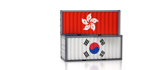 Freight container with South Korea and Hong Kong flag. 3D Rendering