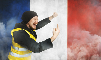 Protest Yellow Vests. Men Raised Hand With Indecent Gesture Middle Finger In Disobedience
