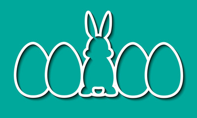 Laser cut template. Happy Easter eggs lie in line and rabbit with ears and tail. Easter Egg hunt. Vector silhouette fun bunny. Sample illustration isolated on green spring background. Die cut design.