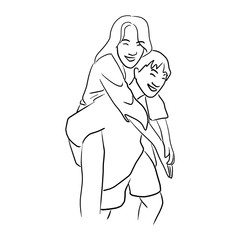 young man giving a piggy back ride to his girlfriend vector illustration sketch doodle hand drawn with black lines isolated on white background