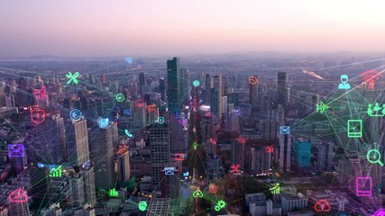 smart Connected city skyline. Futuristic network concept, city Technology