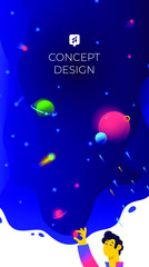 Illustration of free space, planets and satellites. Vector. The guy sleeps and dreams. Flat gradient. A metaphor about dreams and goals. A man creates other worlds, including his beautiful world.