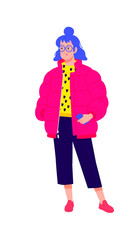 Illustration of a young girl in a red down jacket. Vector. Stylish hipster girl with blue hair. Girl in glasses with a phone. Generation Z, Mellineal. Flat style.