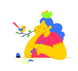 Illustration of a girl with a nest of chicks on her head. Vector. A woman listens to bird singing for inspiration. Metaphor, concern for nature and children. Cartoon bird on a branch sings songs. Muse
