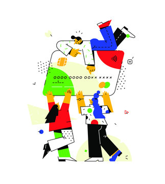 Illustration in avant-garde style about people and money. Vector. Bank customers around a credit card. Investment banking instruments. Deposit, debit and credit. Purchases by bank transfer.