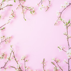Fototapeta na wymiar Floral frame with spring flowers isolated on pink background. Flat lay