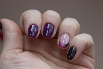 beautiful, fresh, strict manicure, serenity, violet nails with sparkles, all nails are different,