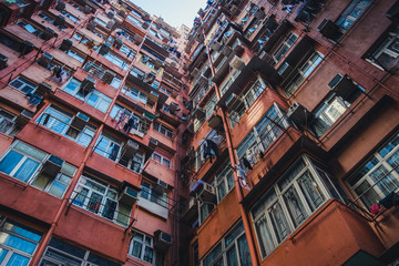 residential building complex, looking up on public house facade -