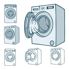 Washing machine. Hand drawn washing machines illustrations set. Washing machines sketch drawing collection. Part of set.
