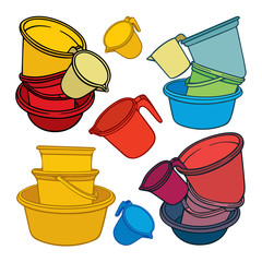Water containers vector illustrations set. Hand drawn water buckets, basins and ladle collection. Hand washing equipment sketch drawing. Part of set.