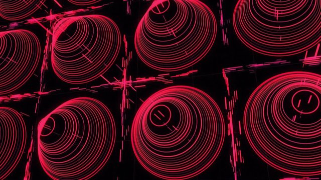 Abstract cone shaped silhouettes of colorful narrows circles placed in rows with many straight lines on black background, seamless loop. Animation. Futuristic background.
