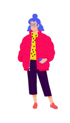Illustration of a young girl in a red down jacket.   Stylish hipster girl with blue hair. Girl in glasses with a phone. Generation Z, Mellineal. Flat style.