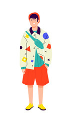 Illustration of a young man in a bright avant-garde shirt.  Stylish hipster in orange shorts. Fashionable guy in a red cap with a bag and in yellow boots. Generation Z, millennial. A handsome boy.