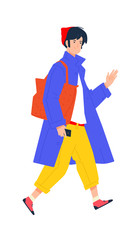 Illustration of a young man in a blue cloak and with a brown bag. Stylish hipster in yellow pants. A fashionable guy walks in a red cap and with a phone. Shopping trip to the store. Shopaholic.