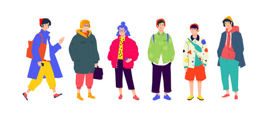 Illustration of a young fashionable people. Girls and boys in fashionable modern clothes. Generation of Melinials and Hipsters. People of different nations and races, shoppers and shopaholics.  
