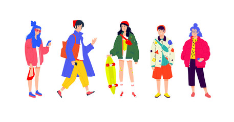 Illustration of a young fashionable people. Girls and boys in fashionable modern clothes. Generation of Melinials. People of different nations and races, shoppers and shopaholics. Flat cartoon style. 