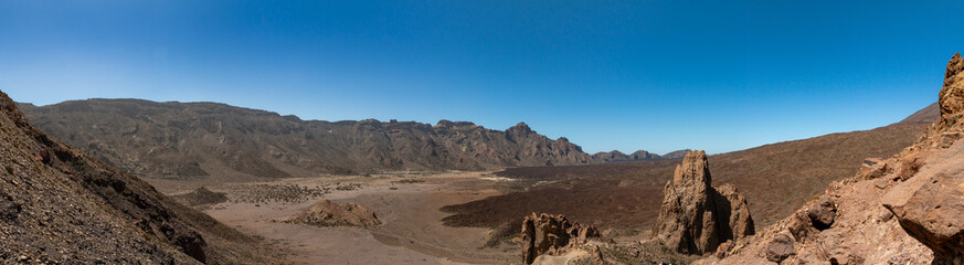 Panoramic view of El Teide volcanic crater, ultra wide with copy space.