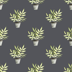 Naadloze patroon met handbeschilderde aquarel kamerplanten. groene planten in potten voor interieur. Achtergrond het beste voor scrapbooking, inpakpapier, behang, textiel, stof, design interieur