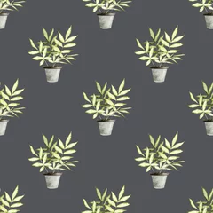  Naadloze patroon met handbeschilderde aquarel kamerplanten. groene planten in potten voor interieur. Achtergrond het beste voor scrapbooking, inpakpapier, behang, textiel, stof, design interieur © Виктория Дербаба