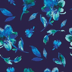 Fototapeta na wymiar Watercolor seamless pattern with blue flowers and leaves on a dark blue background. Packaging paper for the flower and gift shop, printing on textiles, Wallpaper. Cute hand drawn illustration