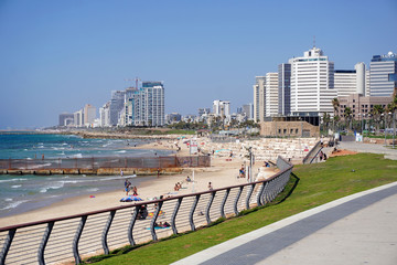 Israel January 12,2020 Panoramic view of the Tel-Aviv public beach and promenade on Mediterranean...