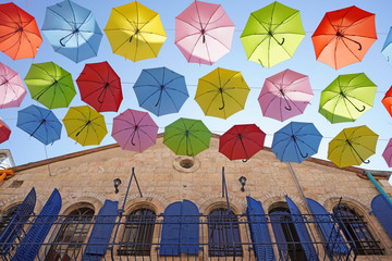 Colored Umbrellas installation in Jerusalem Israel