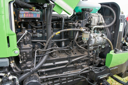 Goryainovka, Mordovia, Russia - June 28, 2019: The diesel engine at engine compartment of Deutz Fahr tractor.