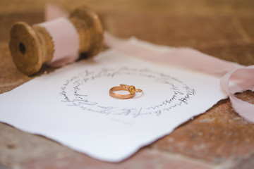 Les alliances des mariés posées sur la papeterie du mariage